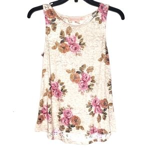 Tan floral pink rose pattern sleeveless shirt tank